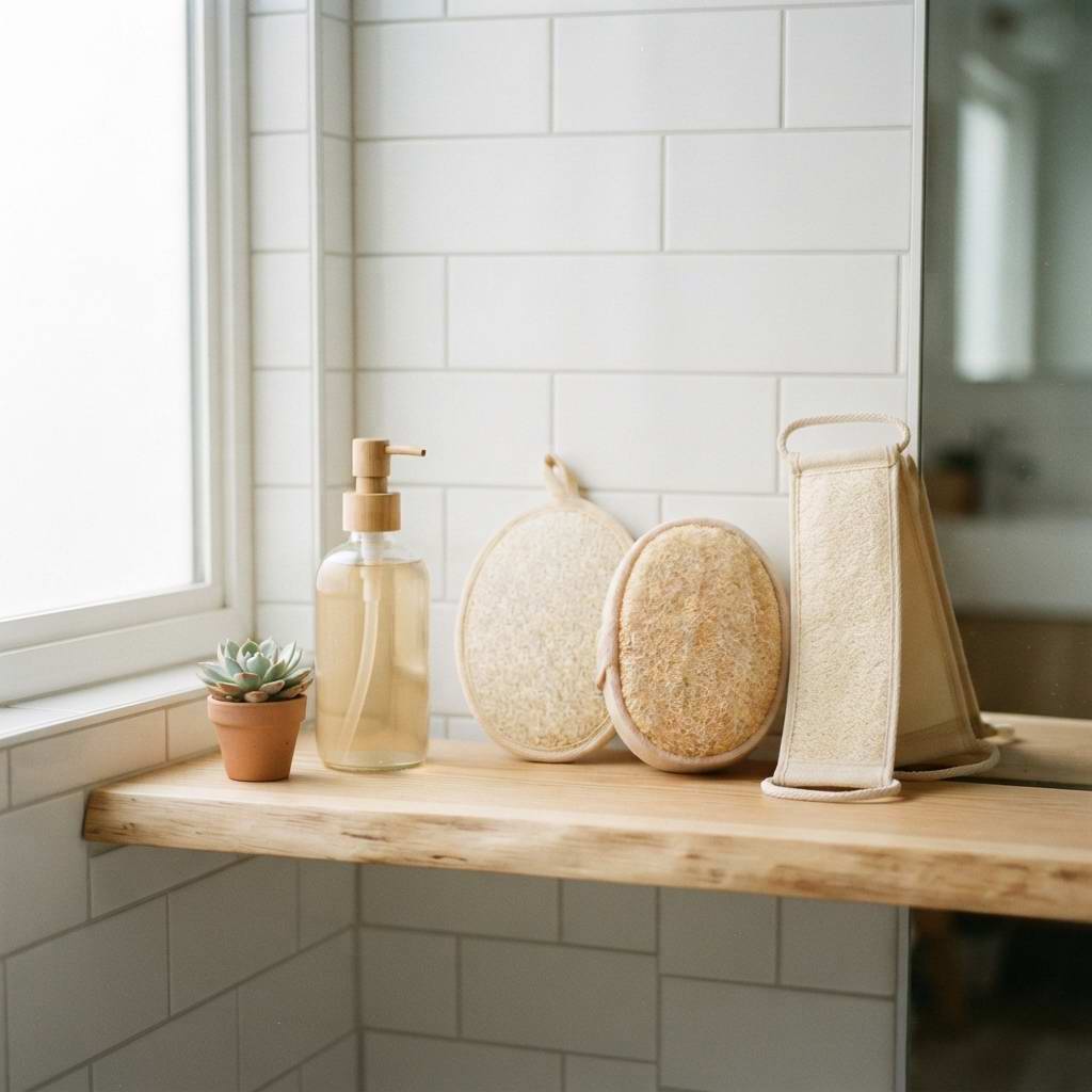 Bathanica back scrubber hanging in bathroom