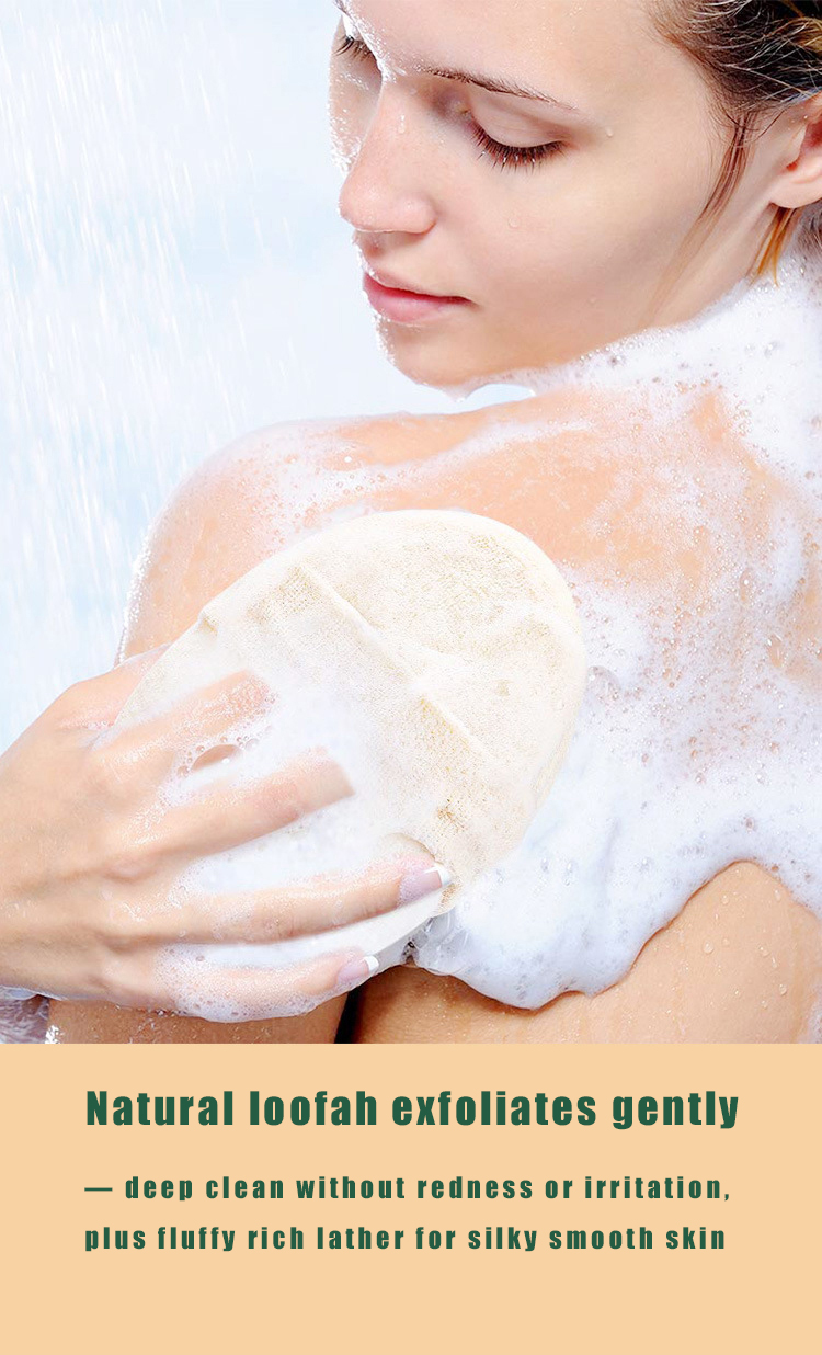 Woman enjoying a refreshing shower with natural loofah bath pad - gentle exfoliation for sensitive skin zero waste bathroom