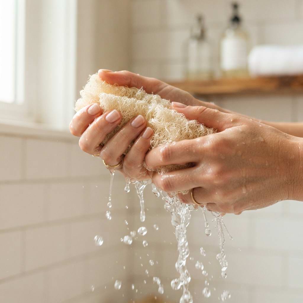 Natural loofah softens when wet with water